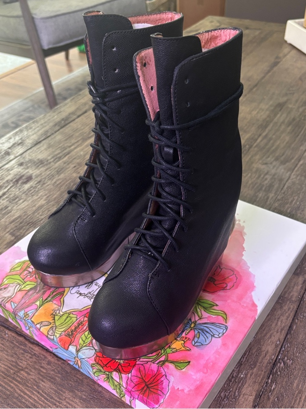 Jeffrey Campbell Black Lace-Up Wedge Ankle Boots with Pink Lining